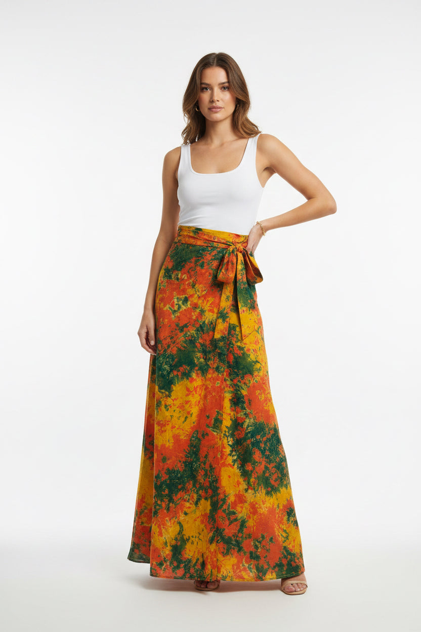 Tie dye long flare wrap skirt