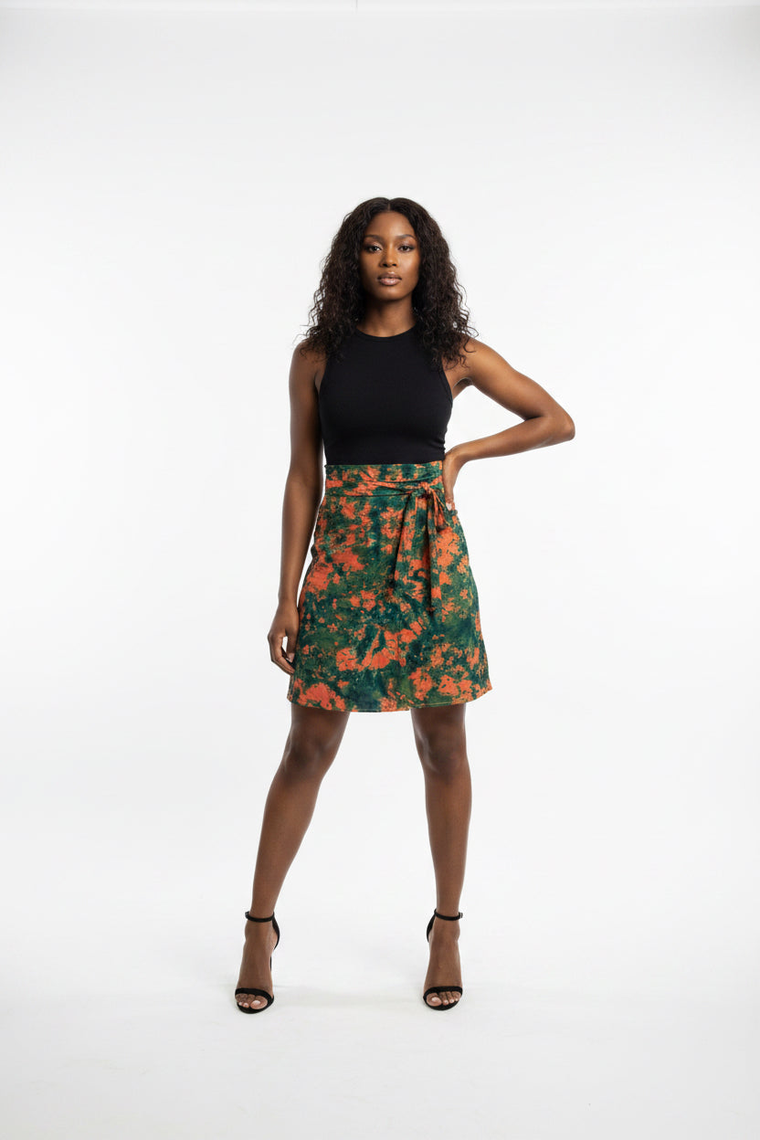Tie dye short flare wrap skirt