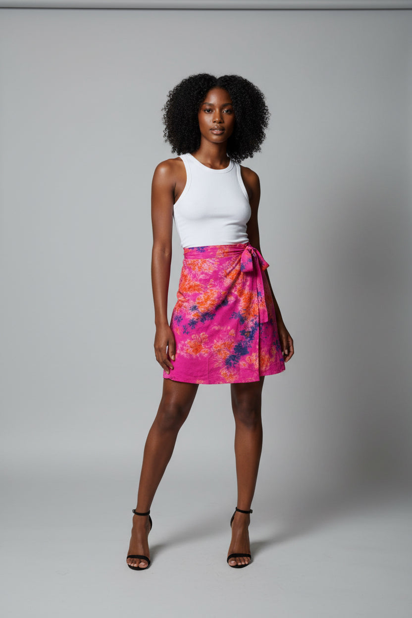 Tie dye short flare wrap skirt